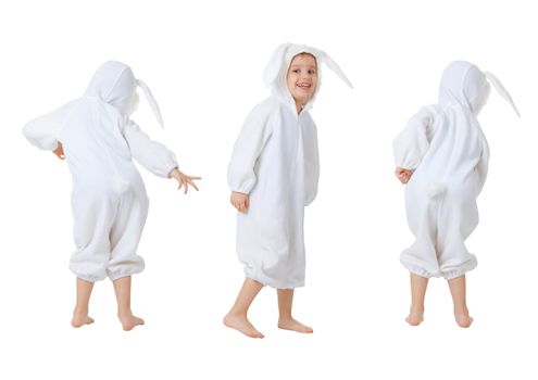 Dancing baby in a rabbit suit isolated on white background