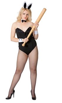 The girl - sexy rabbit with baseball bat isolated on white background