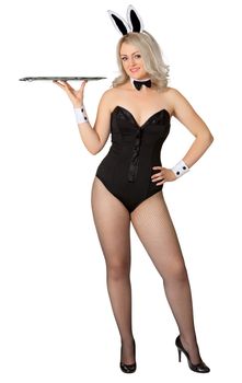Sexy girl - a waitress in a bunny suit isolated on white
