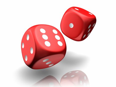 Falling red dices on a white background, 3d render