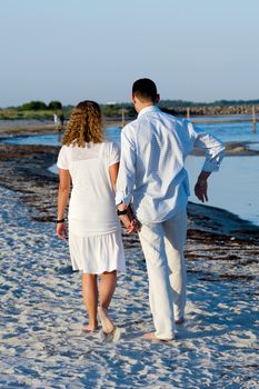 A young couple are walking on a beach.