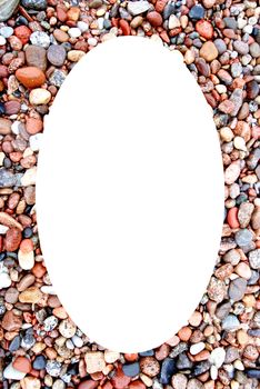 Isolated oval place for text or photograph image photoframe frame. Colors and shapes of coastal stonnies moisten by sea waves.