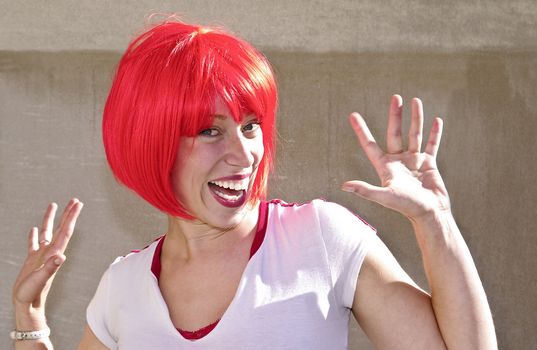 Young woman sporting a red bob for the Canada Day celebrations in Ottawa.