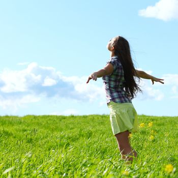 summer woman fly in blue sky