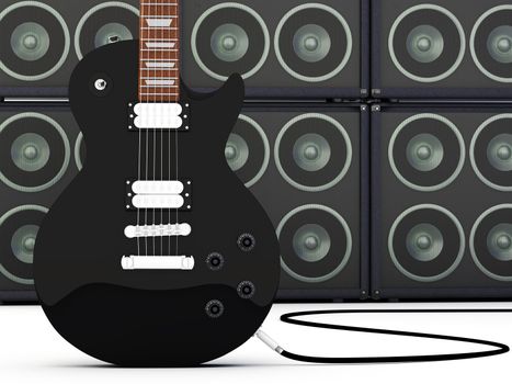 Electric guitar with a group of Speakers. 3D render