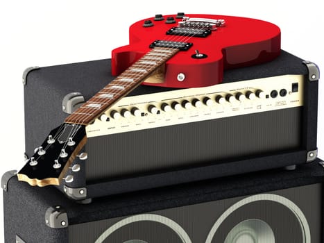 Electric guitar with amplifier. 3D render