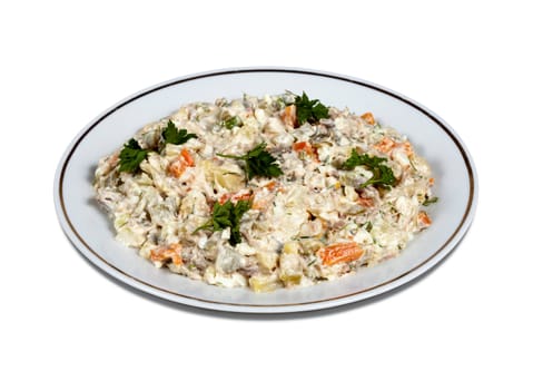 Olivier salad on a plate. Isolated on white with clipping path