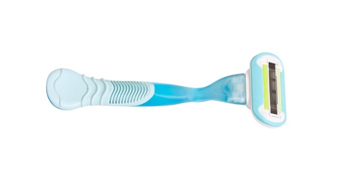 Close up photo of blue razor isolate on white background.