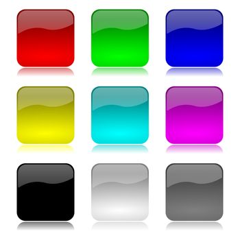 Colored and glossy app buttons set with reflection on white background illustration