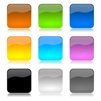 Colored and glossy app buttons set with reflection on white background illustration