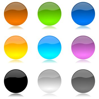 Colored and glossy rounded buttons set with reflection on white background illustration