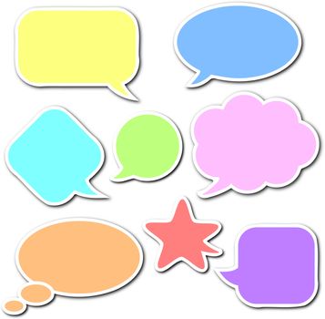 Colorful, empty and blank comic speech bubbles stickers set with white border and shadow on white background
