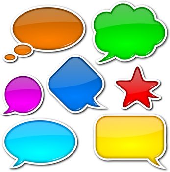 Glossy, colorful, empty and blank comic speech bubbles set with white border and shadow on white background