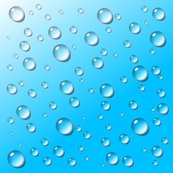 Transparent water drops with shadow on blue gradient background illustration