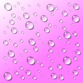 Transparent water drops with shadow on pink gradient background illustration