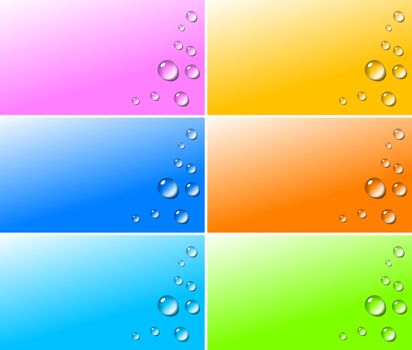 Transparent water drops with shadow on colorful gradient backgrounds illustration