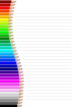 Rainbow of colorful wavy pencils wall on lined notebook white sheet illustration