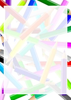 Disordered colorful pencils chaos backgound under a white transparent frame illustration