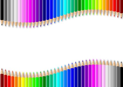 Rainbow of double colorful wavy pencils wall on empty white background illustration