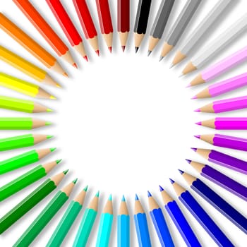 Rainbow of colorful wood pencils arranged in circle on empty white background illustration