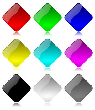 Colored and glossy rhombus buttons set with reflection on white background illustration