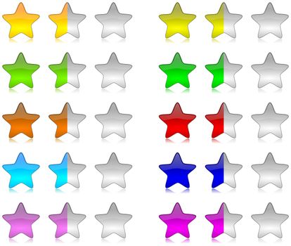 Colorful brilliant and glossy rating stars set illustration with reflection