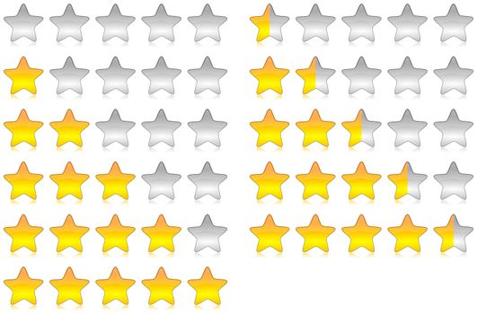 Yellow brilliant and glossy rating stars set illustration with reflection