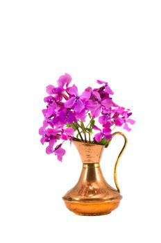 isolated on white brass vase and spring flowers