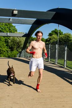 Training before the fight. Boxer and dog running outdoors. 