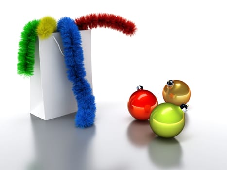 Gift packed in the decorated package and Christmas toys on a white background