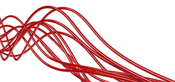 bright metallic fibre-optical red cables on a white background