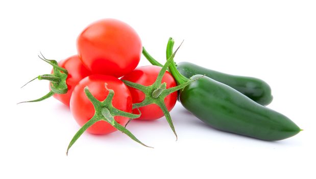 Jalapeno Pepper and tomatoes, isolated on white