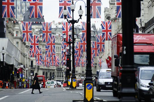 LONDON, UK, Friday June 1, 2012. Regent Street is decorated with Union Jack flags to celebrate the Queen's Diamond Jubilee. The main celebrations will be held during the Central Weekend from June 2 to June 5, 2012.