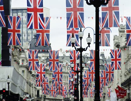 LONDON, UK, Friday June 1, 2012. Regent Street is decorated with Union Jack flags to celebrate the Queen's Diamond Jubilee. The main celebrations will be held during the Central Weekend from June 2 to June 5, 2012.