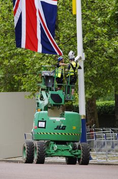 LONDON, UK, Friday 1 June 1, 2012. Preparation and decoration of the Mall and Buckingham Palace for the Queen's Diamond Jubilee main celebrations which will be held during the Central Weekend from June 2 to June 5, 2012.