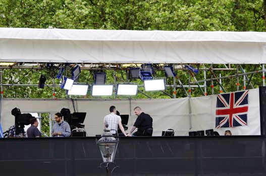 LONDON, UK, Friday 1 June 1, 2012. Preparation and decoration of the Mall and Buckingham Palace for the Queen's Diamond Jubilee main celebrations which will be held during the Central Weekend from June 2 to June 5, 2012.