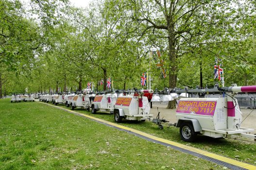 LONDON, UK, Friday 1 June 1, 2012. Preparation and decoration of the Mall and Buckingham Palace for the Queen's Diamond Jubilee main celebrations which will be held during the Central Weekend from June 2 to June 5, 2012.