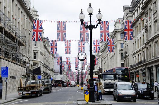 LONDON, UK, Friday June 1, 2012. Regent Street is decorated with Union Jack flags to celebrate the Queen's Diamond Jubilee. The main celebrations will be held during the Central Weekend from June 2 to June 5, 2012.