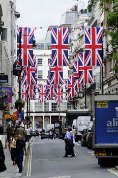 LONDON, UK, Friday June 1, 2012.Jermyn Street is decorated with Union Jack flags to celebrate the Queen's Diamond Jubilee. The main celebrations will be held during the Central Weekend from June 2 to June 5, 2012.