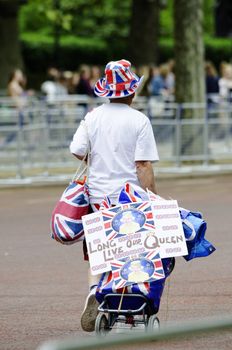 LONDON, UK, Friday 1 June 1, 2012. Preparation and decoration of the Mall and Buckingham Palace for the Queen's Diamond Jubilee main celebrations which will be held during the Central Weekend from June 2 to June 5, 2012.