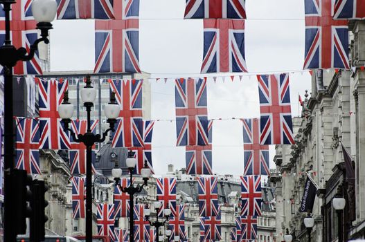 LONDON, UK, Friday June 1, 2012. Regent Street is decorated with Union Jack flags to celebrate the Queen's Diamond Jubilee. The main celebrations will be held during the Central Weekend from June 2 to June 5, 2012.