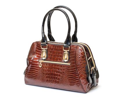 Brown Leather Ladies Handbag on white background 