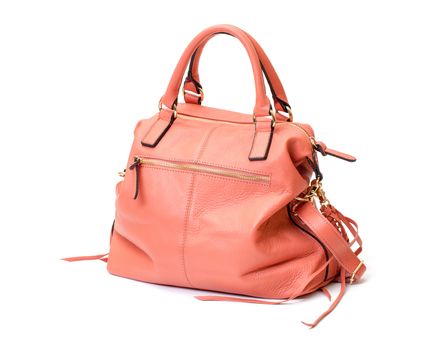 Pink Leather Ladies Handbag on white background 