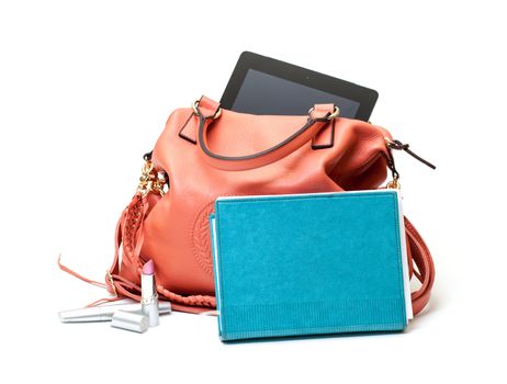 Pink Leather Ladies Handbag with Tablet PC on white background 