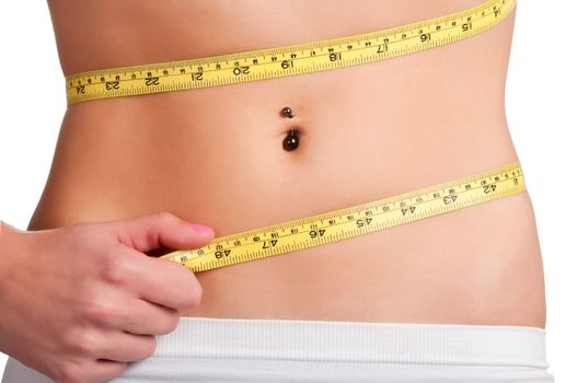 Woman measuring her waist with a yellow measuring tape