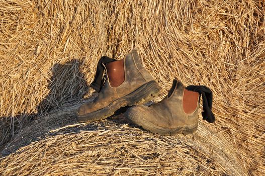 End of the day and the farmer takes his shoes of.