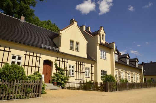 Beautifully maintained grange buildings, belong to the complex Muskauer Park are located close to the castle of Prince Hermann Pueckler-Muskau. Muskauer Park is part of UNESCO World Heritage Site. It is located on Both Sides of the Neisse River which is the Polish and German border.