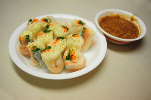 thai food of vegetable and shrimp roll with dipping sauce