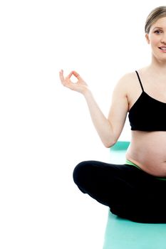 Cropped image of a pregnant lady doing yoga isolated against white background