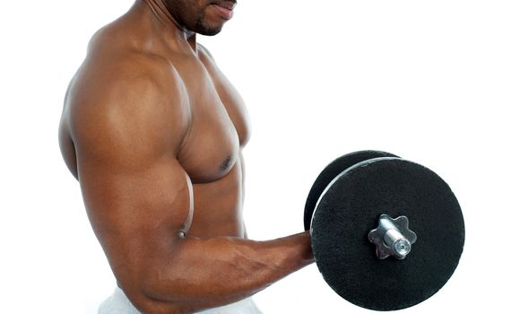 Cropped image of a bodybuilder exercising over white background